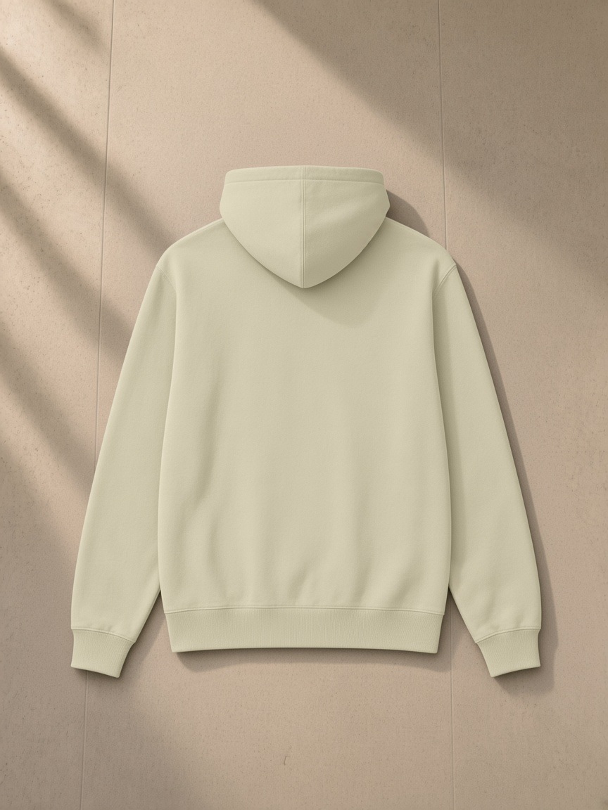 Unisex classic cotton hoodie in Khaki, laid flat on pale limestone, back view