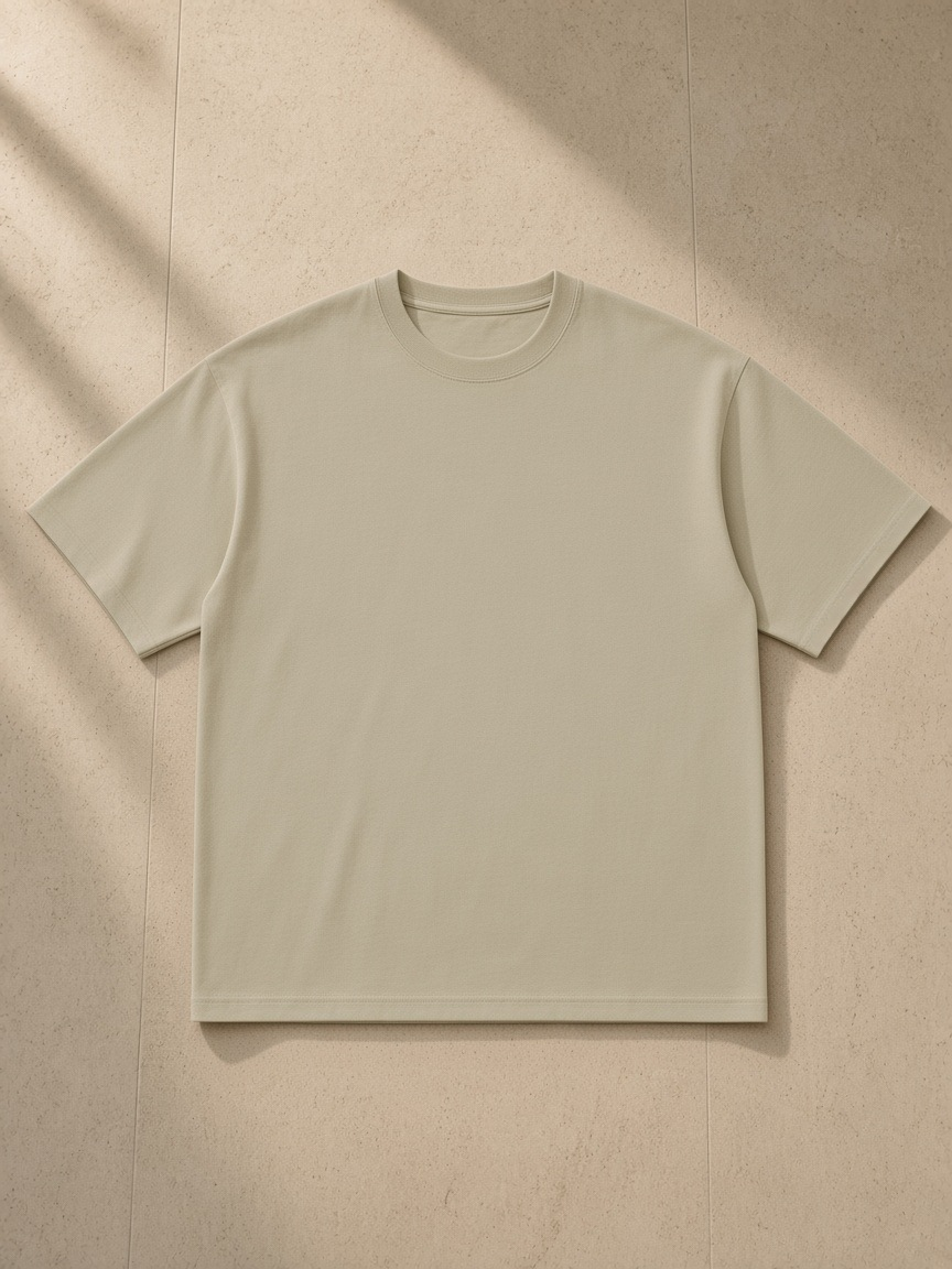 Unisex pure cotton t-shirt in Gray Apricot, laid flat on pale limestone