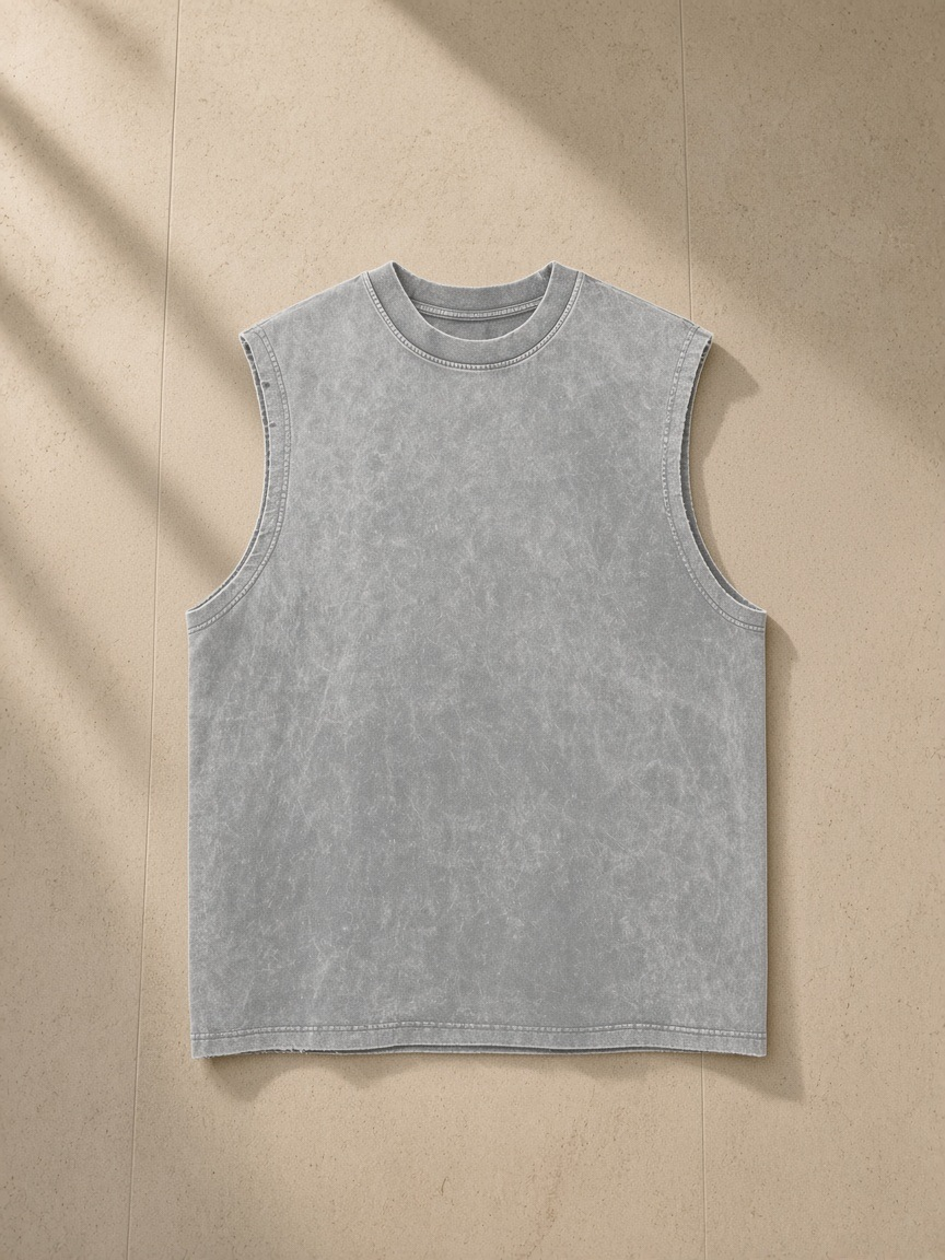 Men's Snow Washed Frayed Hem Tank Top in Light Gray, laid flat on pale limestone