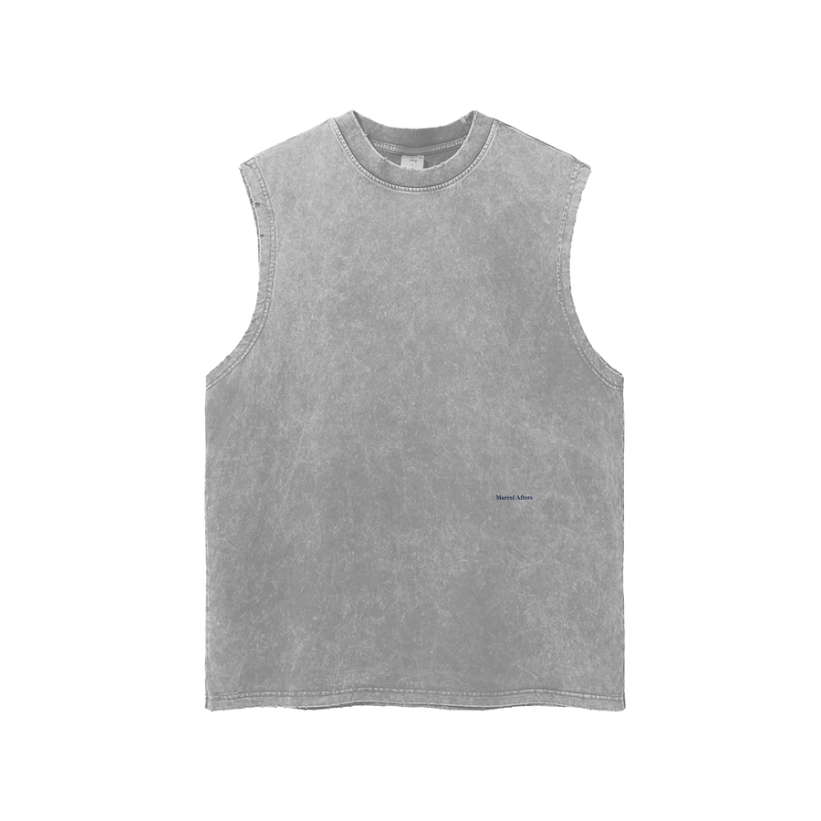 Men's Snow Washed Frayed Hem Tank Top in Light Gray, front view, small Marcel Afters wordmark at the lower left front.