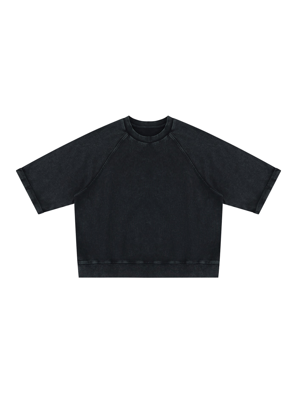 Unisex vintage wash boxy short sleeve sweatshirt in Black, front view on white. Marcel Afters