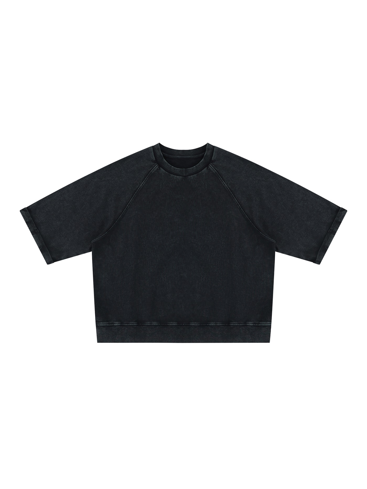 Unisex vintage wash boxy short sleeve sweatshirt in Black, front view on white. Marcel Afters
