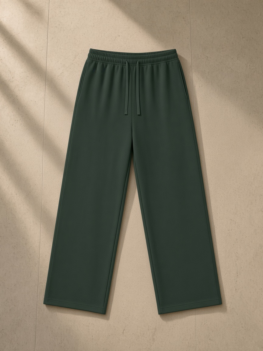 Straight Leg Sweatpants in Blackish Green, laid flat on pale limestone