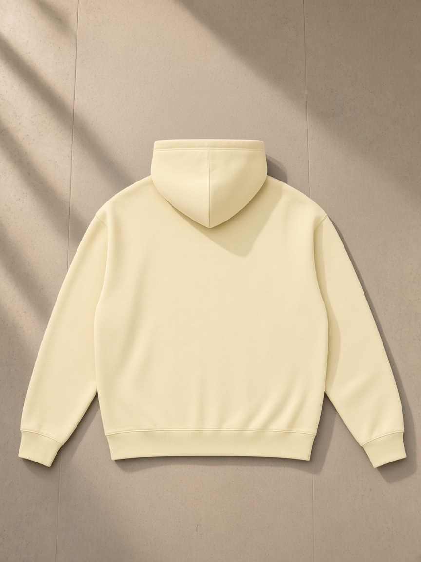 Oversize fleeced hoodie in Apricot, laid flat on pale limestone, back view