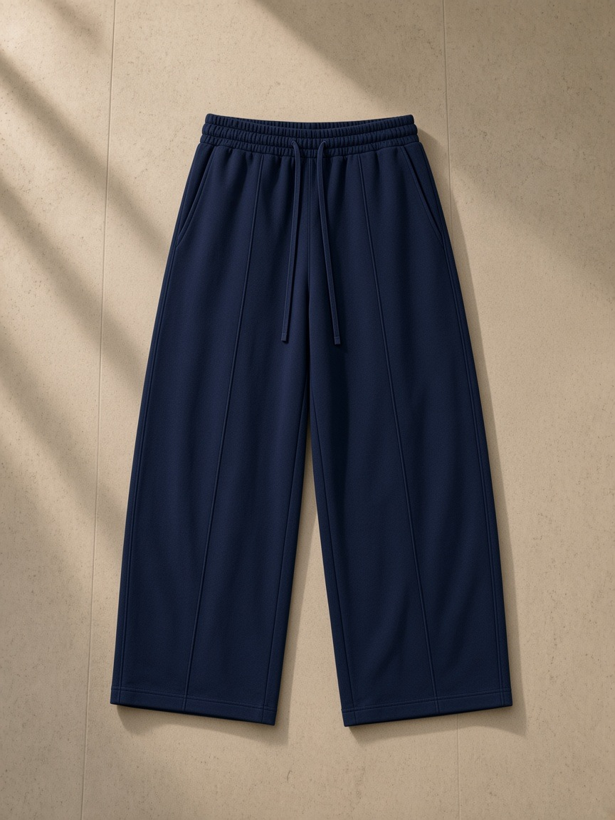 Heavyweight Wide Leg Panel Sweatpants in Navy Blue, laid flat on pale limestone