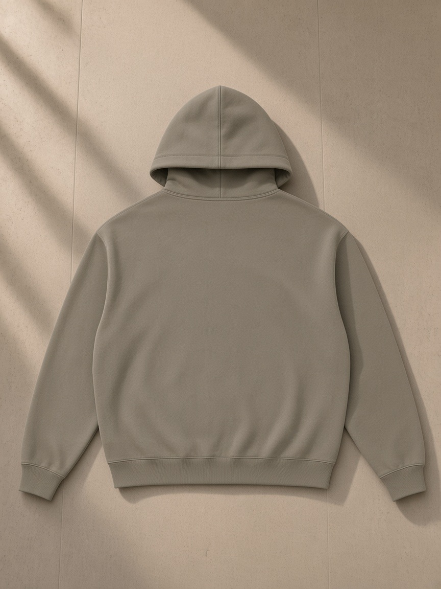 Essential fleece zip-through hoodie in Gray Coffee, laid flat on pale limestone, back view