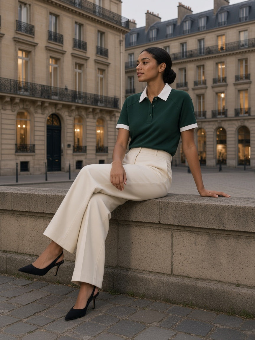 Woman in the Contrast Collar Raglan Polo Shirt in Dark Green with cream wide trousers, seated on a limestone ledge in a Paris courtyard by day