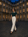 Woman in the Contrast Collar Raglan Polo Shirt in Dark Green, à deux