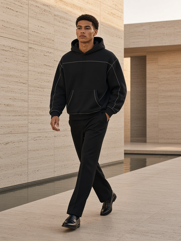 Marcel Afters Contrast-Stitched Boxy Fleece Hoodie — Dark