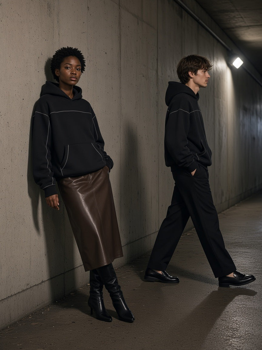 Two people in the Marcel Afters Contrast-Stitched Boxy Fleece Hoodie in Black striding across a concrete rooftop in LA
