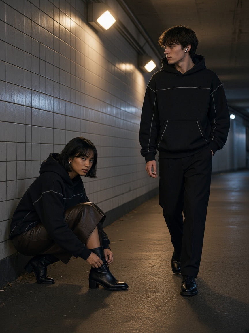 Two people in the Contrast-Stitched Boxy Fleece Hoodie in Black, one retying a boot and one walking past, in a tiled tunnel under the South Bank in London at night