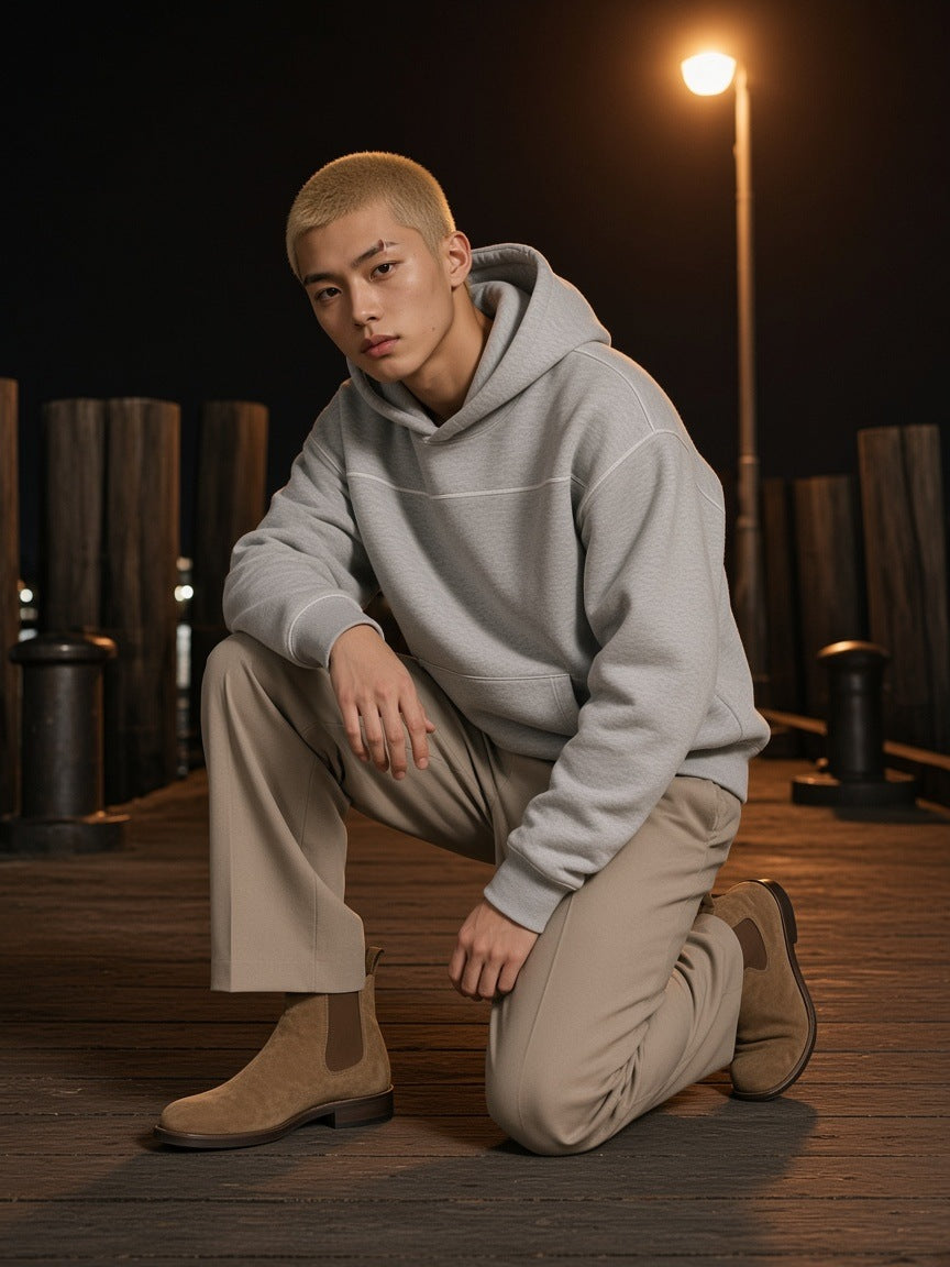 Man in the Contrast-Stitched Boxy Fleece Hoodie in Flower Gray standing in a Haussmann apartment in Paris at night