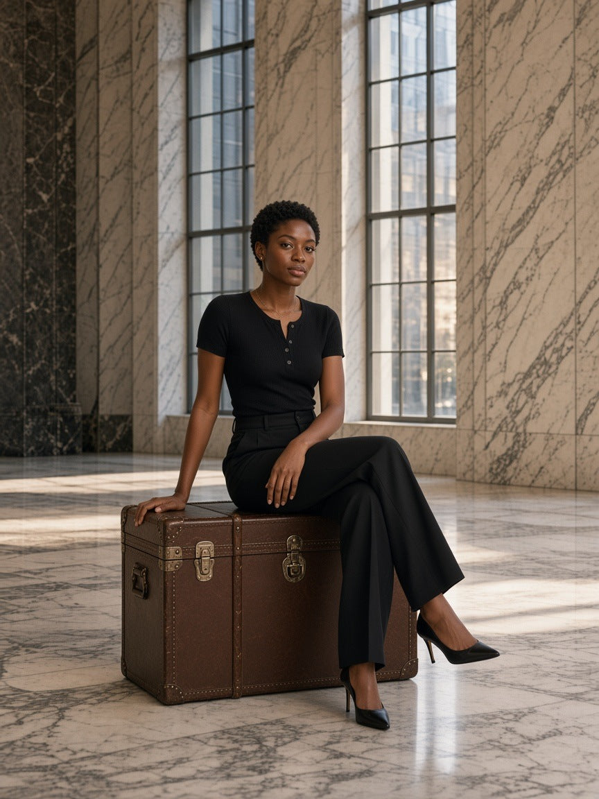 Woman in the Cotton Knit Short Sleeve Henley T-Shirt in Black in a marble hotel lobby in London in the morning