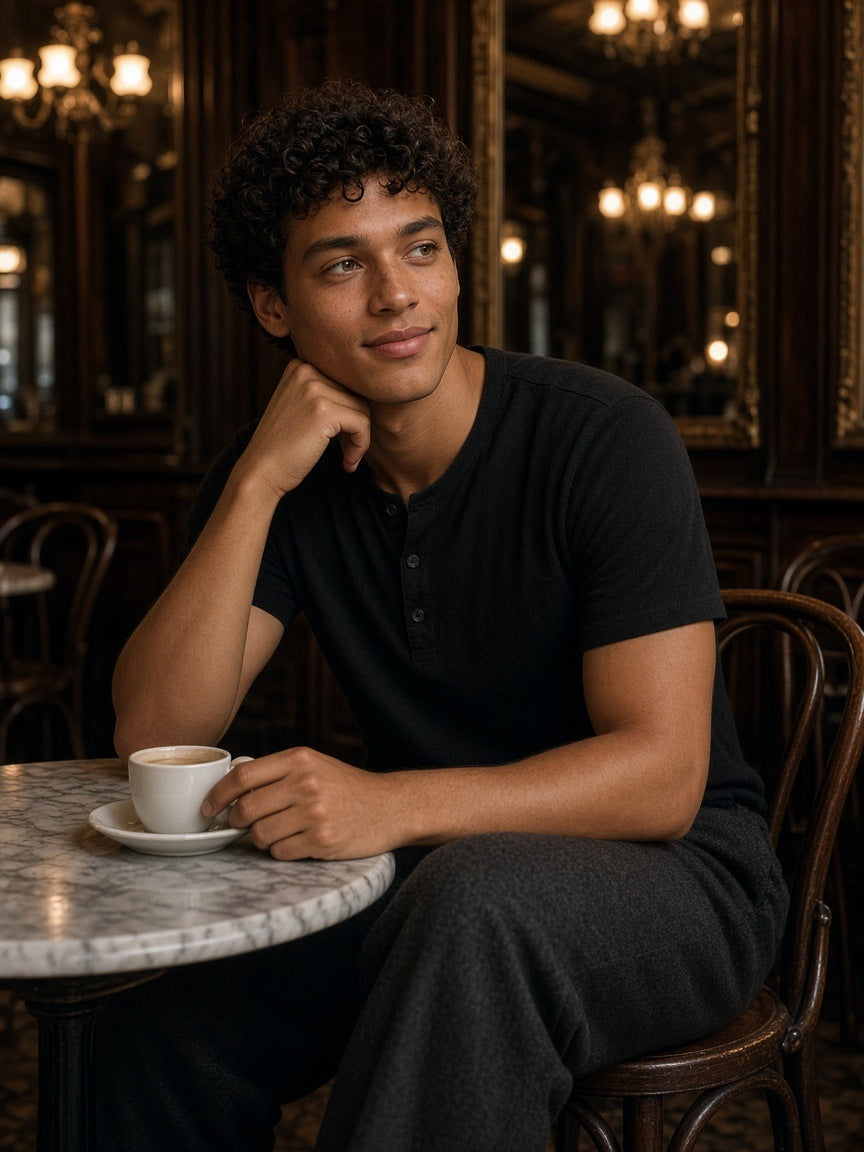Man in the Marcel Afters Cotton Knit Short Sleeve Henley T-Shirt in Black at a marble café table with an espresso, Paris café at night