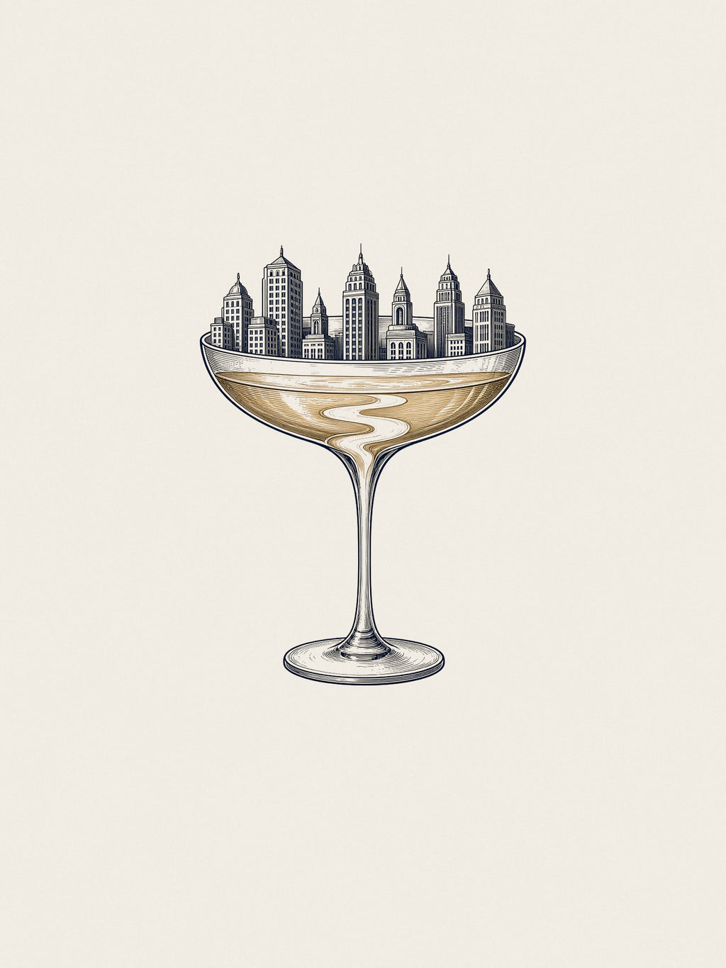 Coupe Over The City artwork card: a navy engraving of a champagne coupe with a city skyline rising out of it