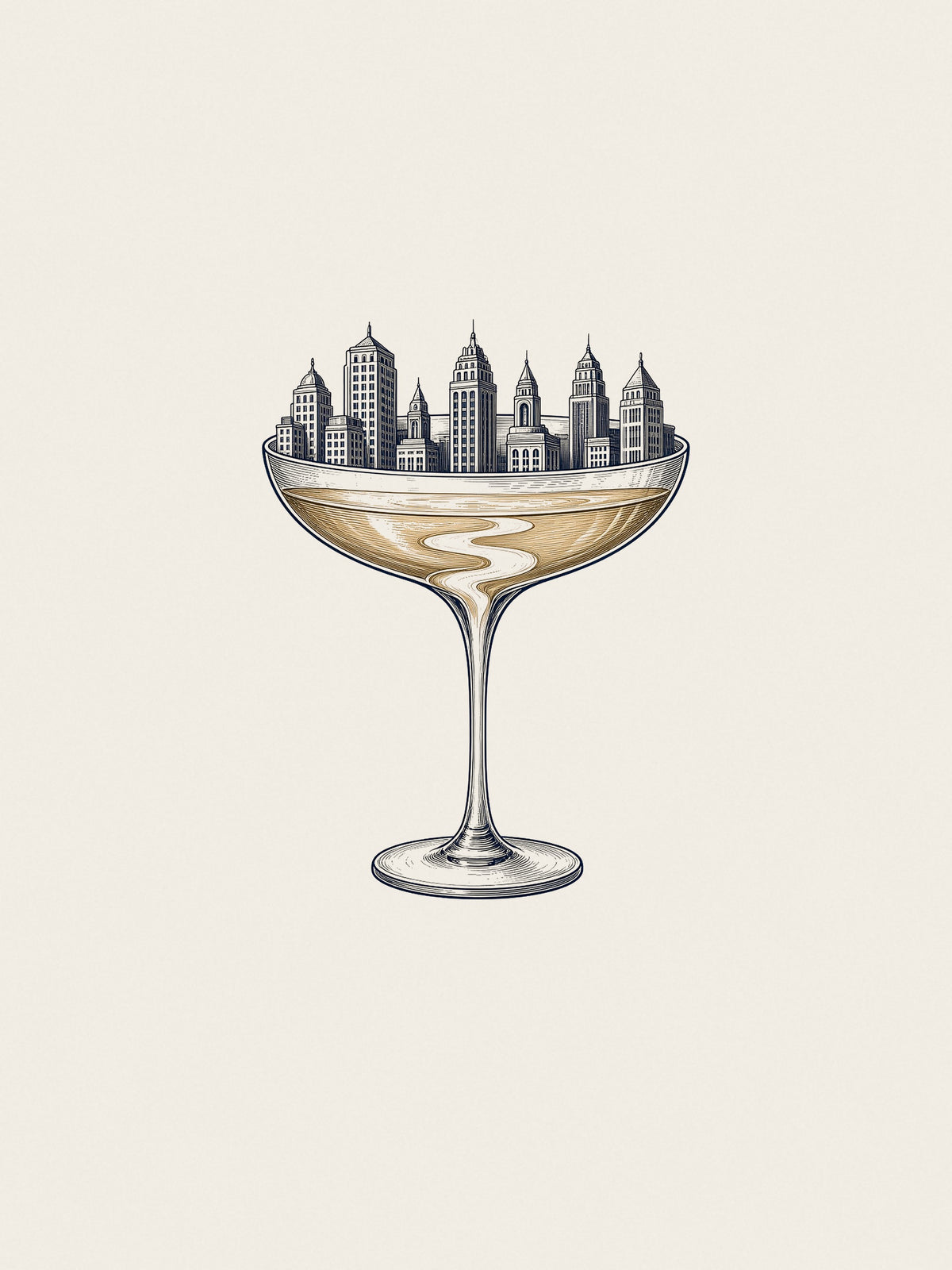Coupe Over The City artwork card: a navy engraving of a champagne coupe with a city skyline rising out of it