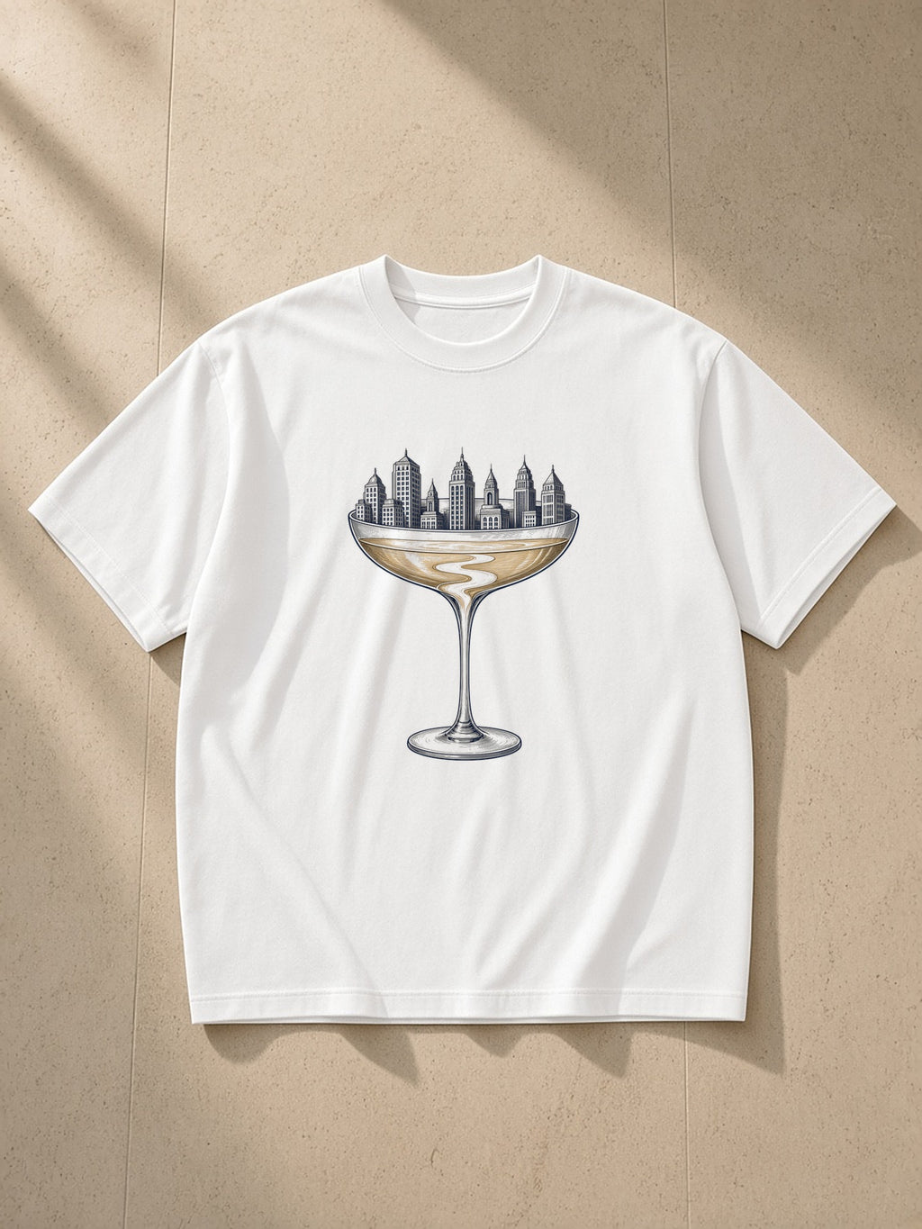Coupe Over The City heavyweight drop-shoulder tee in White laid flat on pale limestone, the coupe engraving across the chest