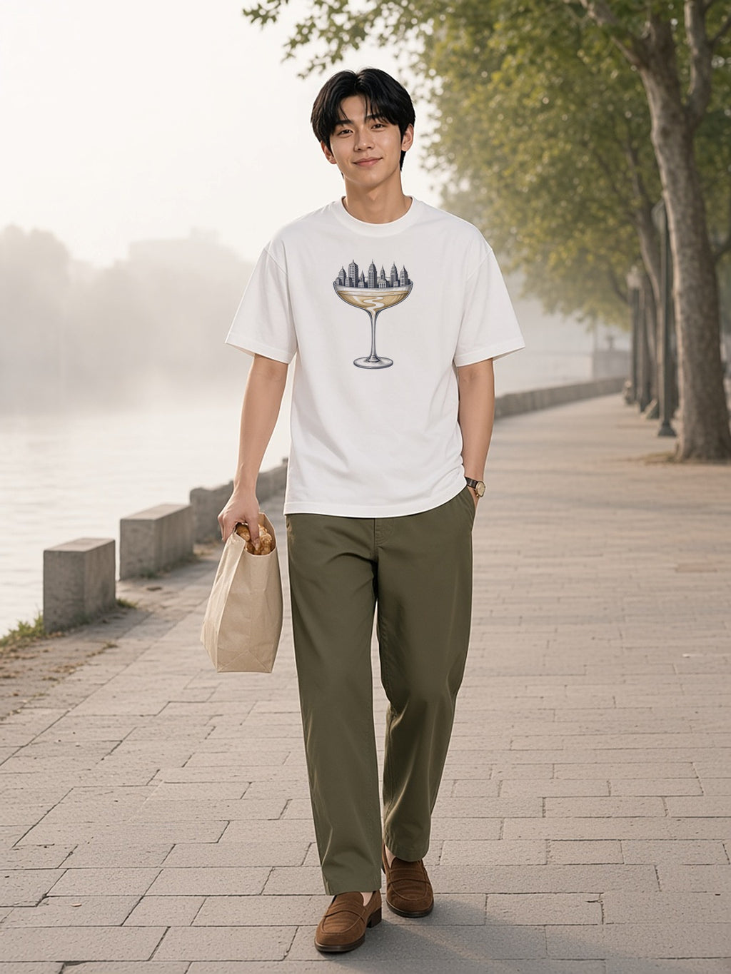 Man in the Coupe Over The City tee in White walking along a riverside promenade in the morning