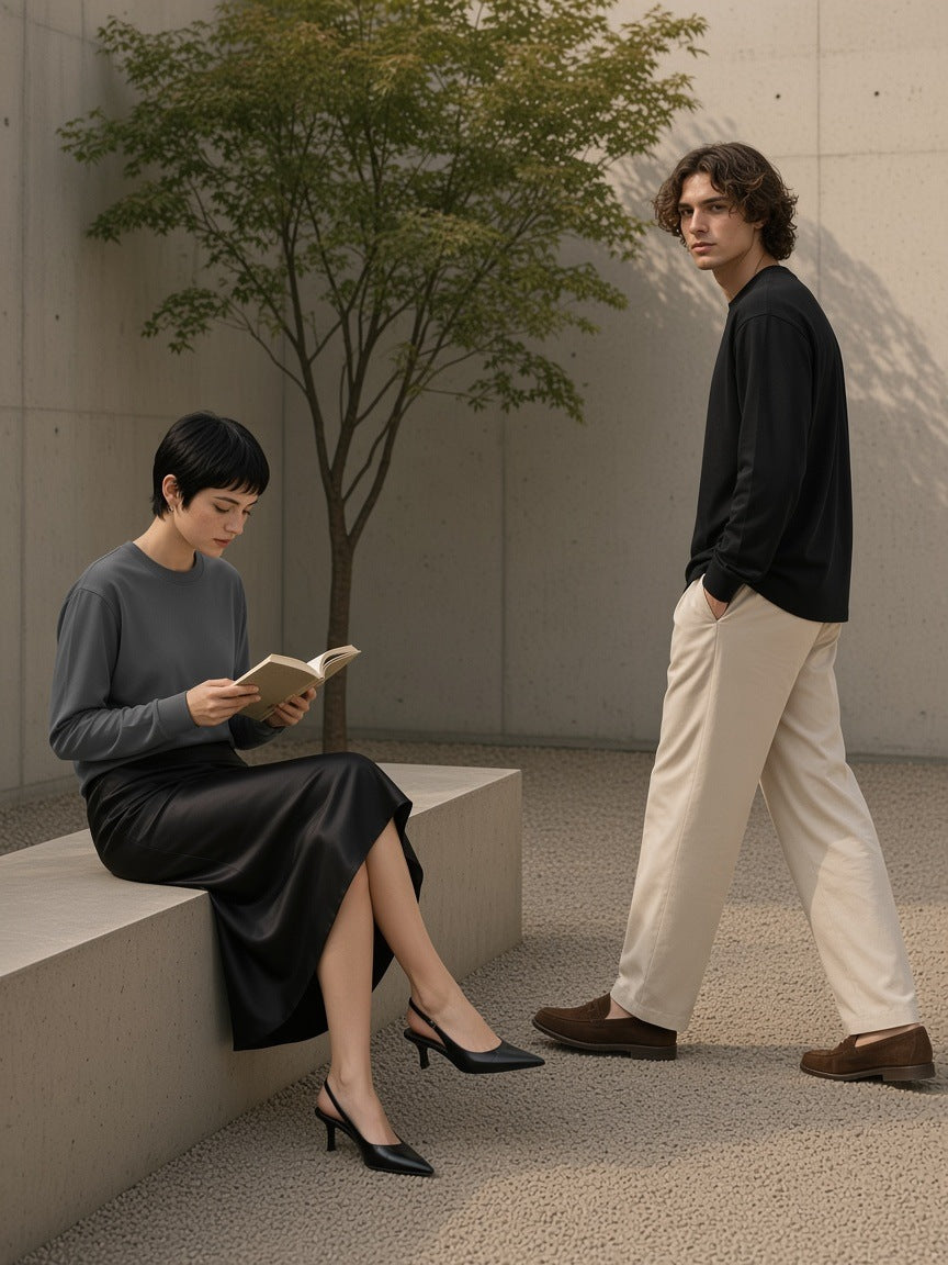 Two people in the Crew Neck Drop Shoulder Long Sleeve Shirt in Dark Gray and Black, one reading on a concrete bench and one walking past, in a Seoul gallery courtyard