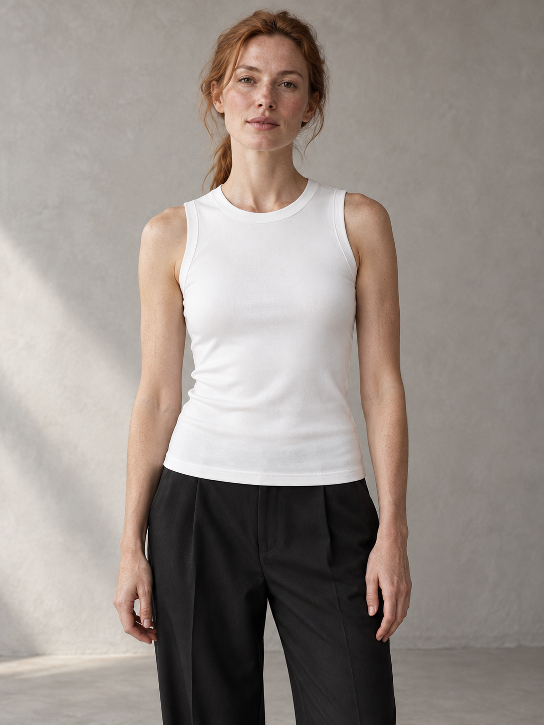 Women's Crewneck Tank Top in White, women model front view