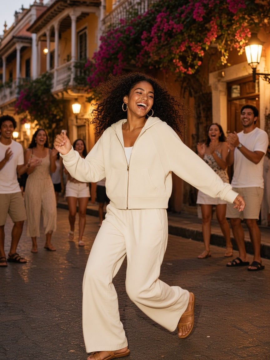 Woman in the Cropped Zip-Through Hoodie in Mild Apricot, dancing in a Cartagena old-town street at 2am