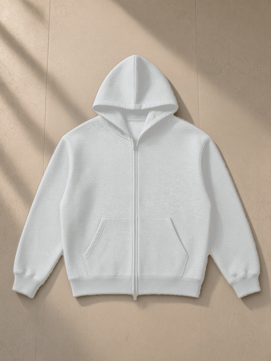 Essential Heavyweight Pocket Hoodie in Flower Gray, laid flat on pale limestone, front view