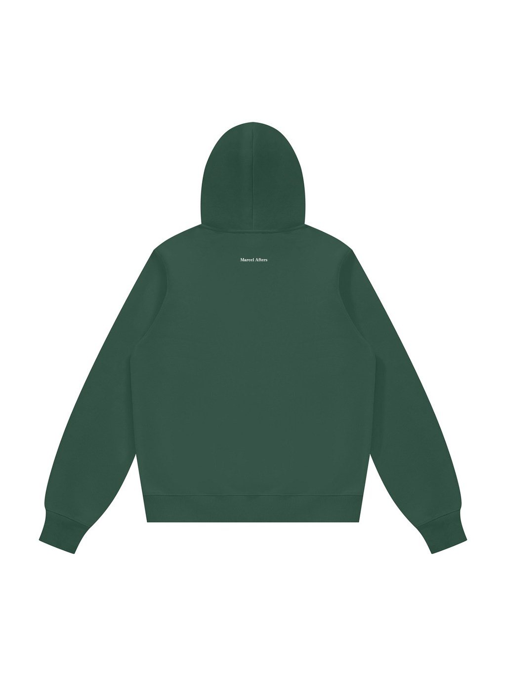 Unisex fleece regular shoulder hoodie in Dark Green, back view on white. Marcel Afters