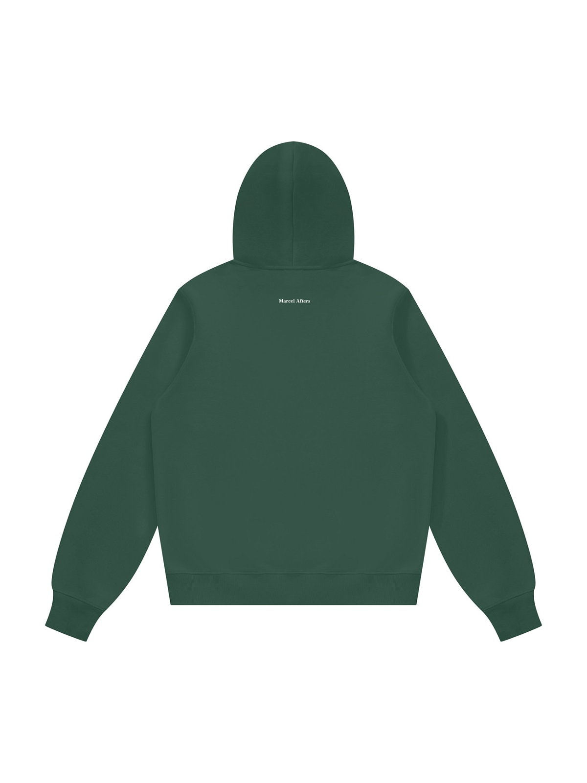 Unisex fleece regular shoulder hoodie in Dark Green, back view on white. Marcel Afters