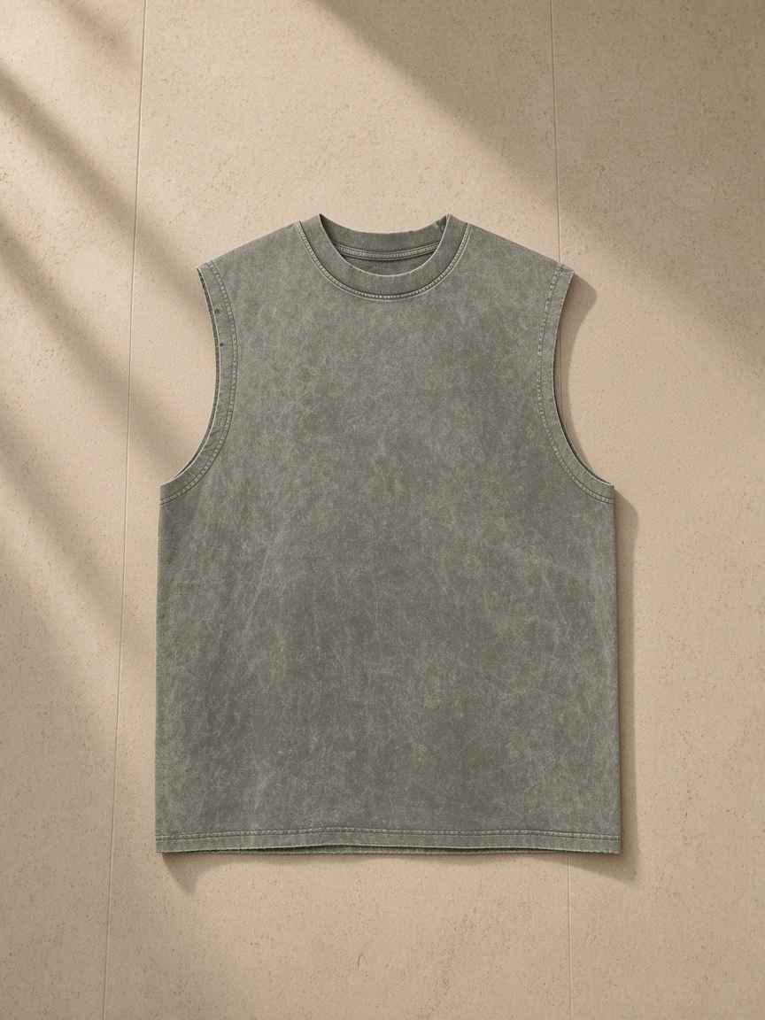 Men's Snow Washed Frayed Hem Tank Top in Gray Green, laid flat on pale limestone