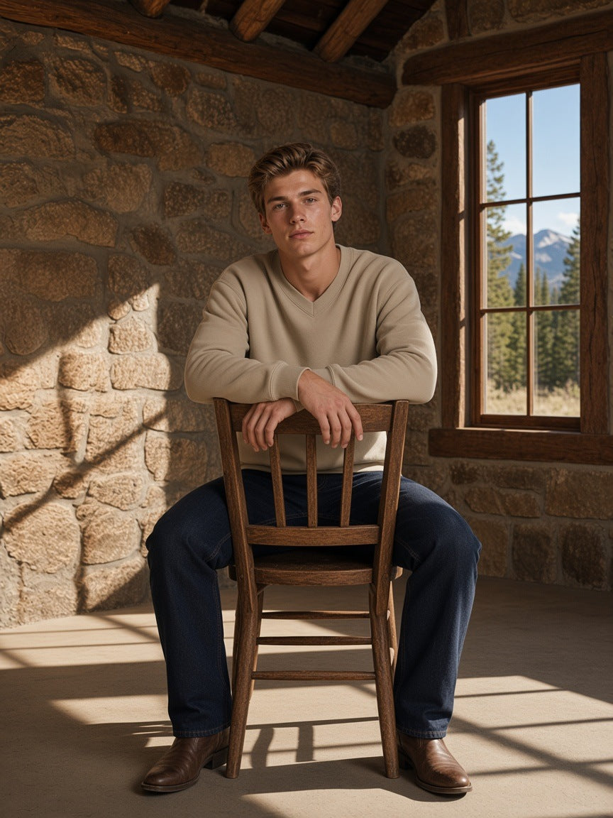 Man in the Oversized V-Neck Sweatshirt in Khaki in a stone ranch lodge in Wyoming by day