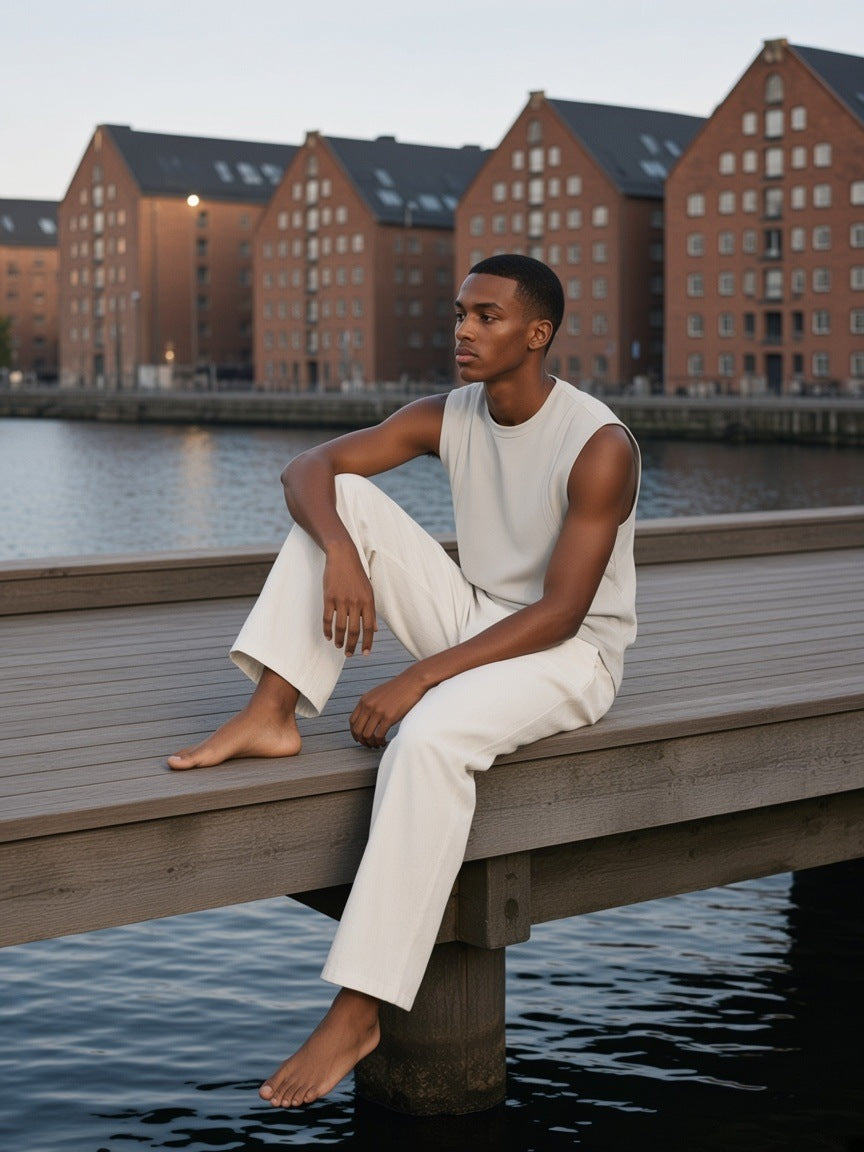 Man in the Spliced Panel Sleeveless Muscle T-Shirt in Light Gray on a harbour hotel deck in Copenhagen in the morning