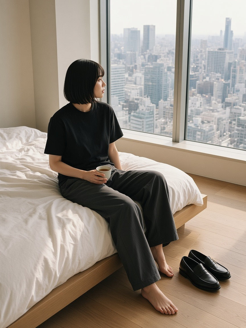 Man in the Tonal Paneled Performance T-Shirt in Black by the window of a hotel suite in Tokyo in the morning