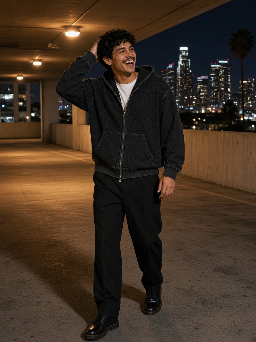 Marcel Afters Vintage Wash Boxy Waffle Full Zip Hoodie