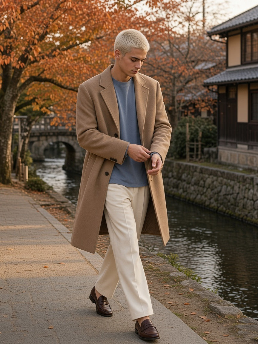 Man in the Vintage Washed Long Sleeve T-Shirt in Gray Blue under a camel overcoat with ecru trousers and penny loafers, walking the Philosopher's Path in Kyoto in the morning