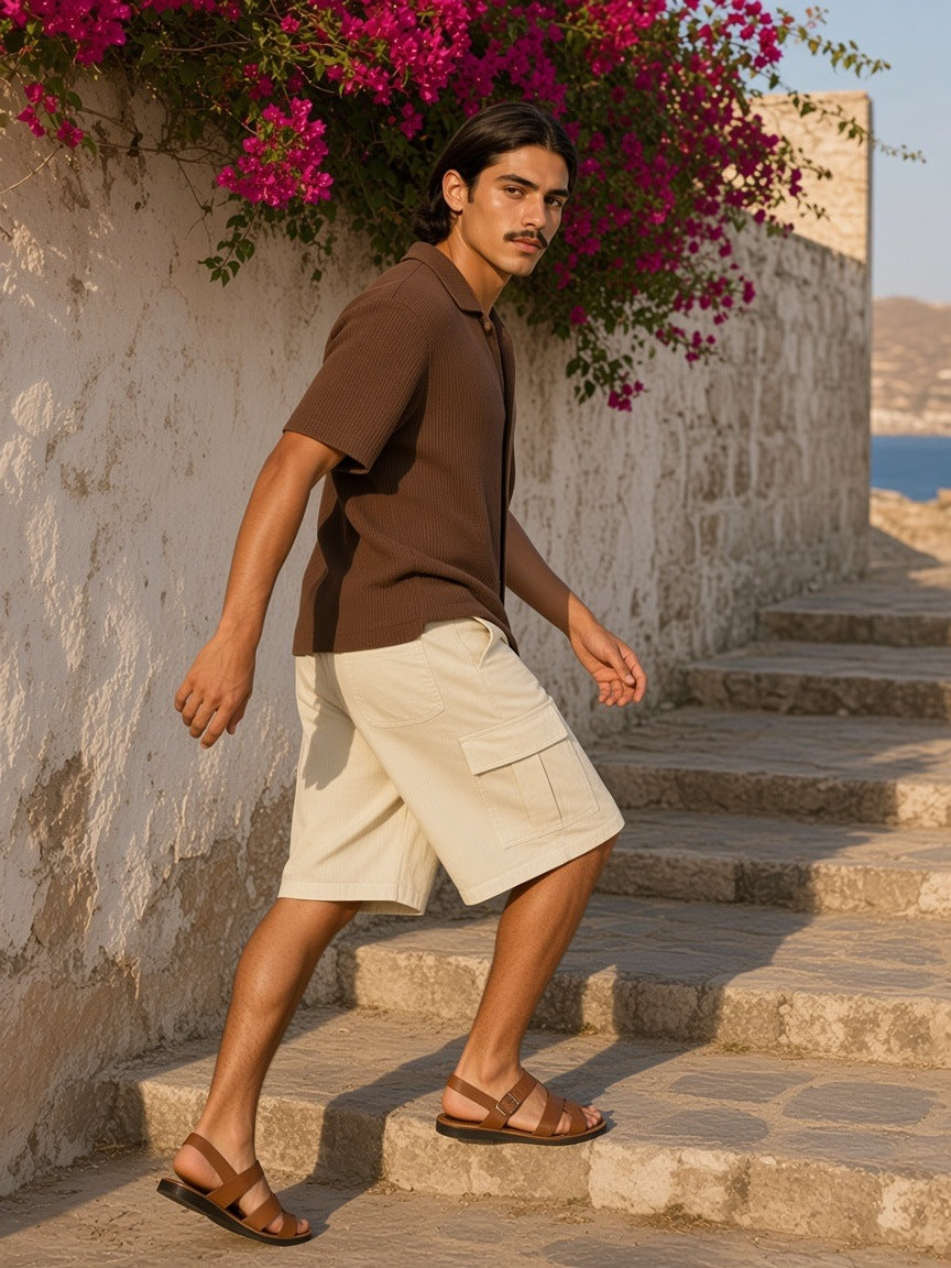 Man in the Woven Cargo Shorts in Apricot with a brown knit camp shirt and leather fisherman sandals, climbing a whitewashed step path under bougainvillea on Hydra at golden hour