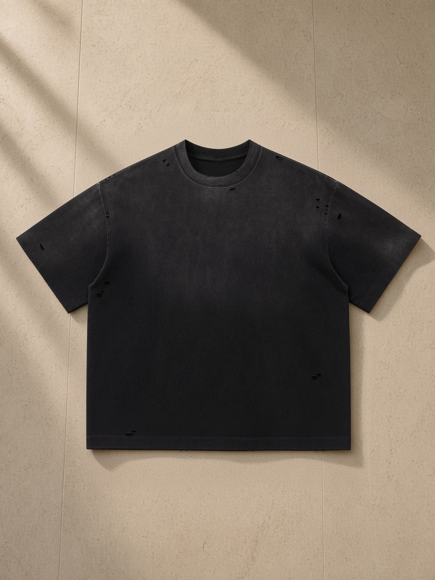 Vintage Washed Distressed Boxy Oversized T-Shirt in Black, laid flat on pale limestone
