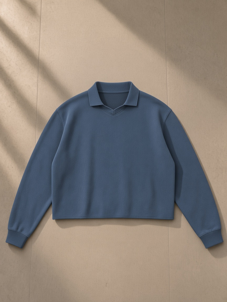 Mineral Wash Pullover Sweatshirt in Washed Blue, laid flat on pale limestone, front.