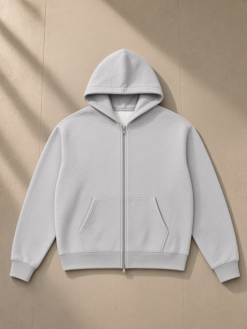 Essential fleece zip-through hoodie in Flower Gray, laid flat on pale limestone