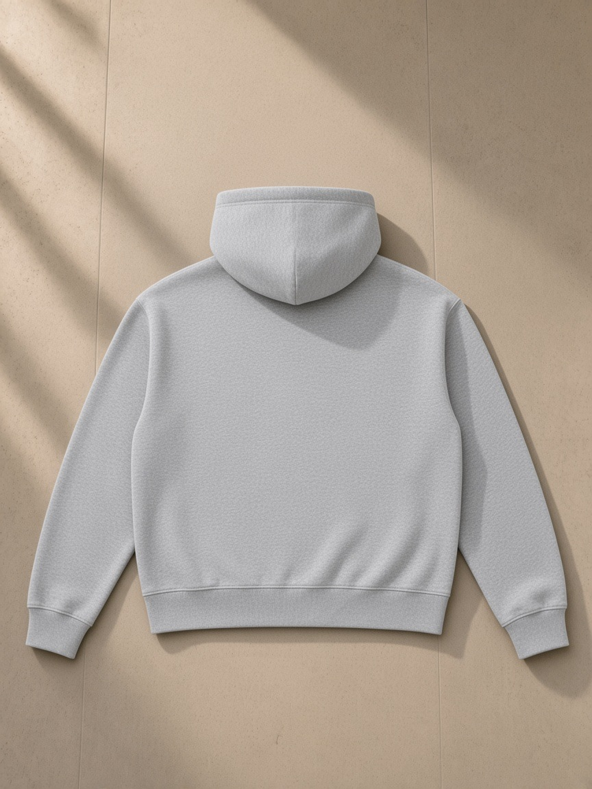Women's heavyweight boxy full-zip hoodie in Flower Gray, laid flat on pale limestone, back view
