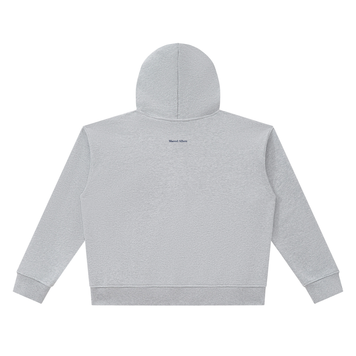 Men's heavyweight boxy full-zip hoodie in Flower Gray, back view with the small Marcel Afters wordmark across the upper back.
