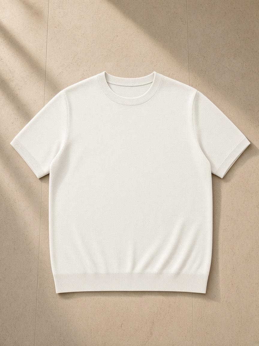 Crewneck Knit T-Shirt in Beige, laid flat on pale limestone