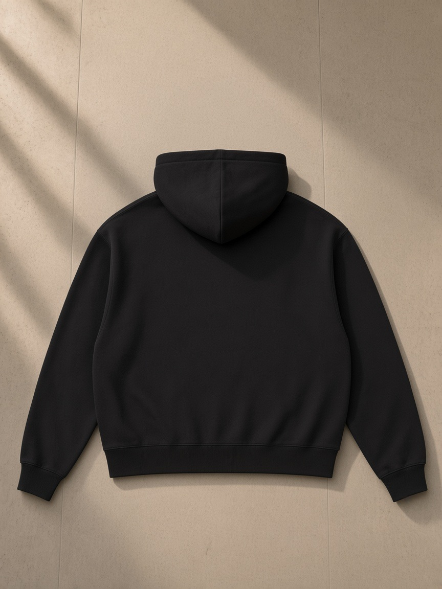 Contrast drawstring hoodie in Black, laid flat on pale limestone, back view