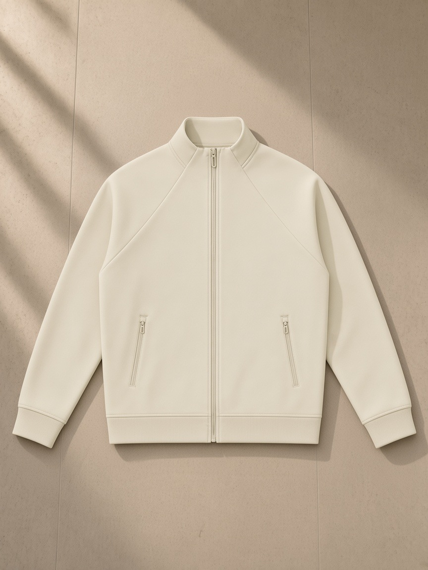 Zip-Pocket Stand Collar Jacket in Light Camel, laid flat on pale limestone