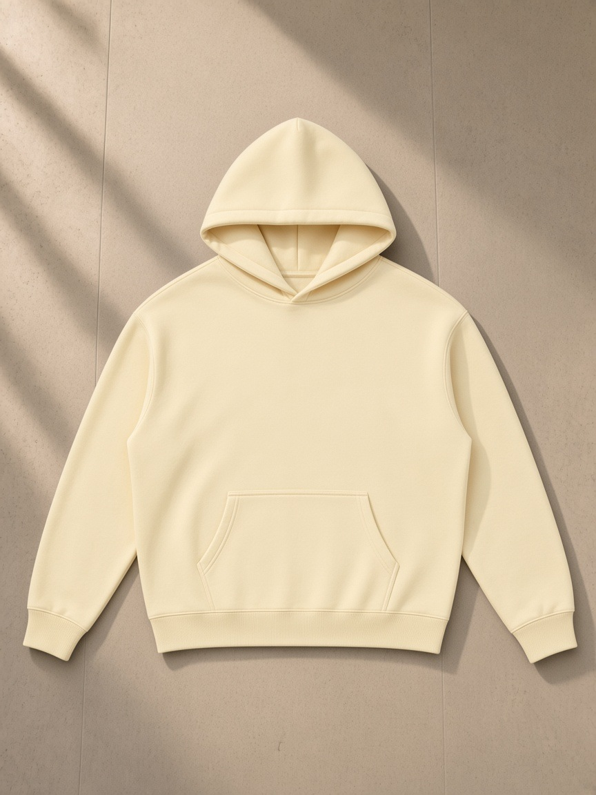 Oversize fleeced hoodie in Apricot, laid flat on pale limestone