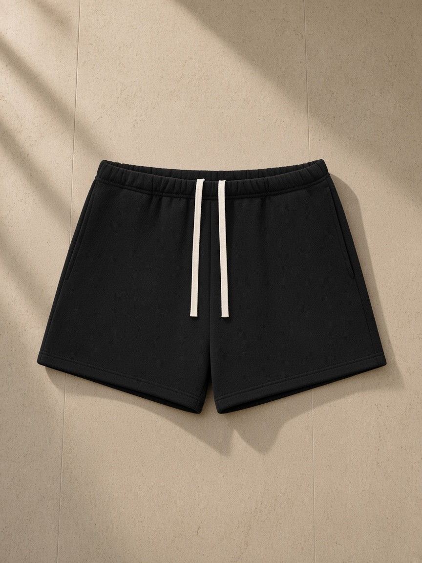 Unisex fleece drawstring sweatshorts in Black, laid flat on pale limestone