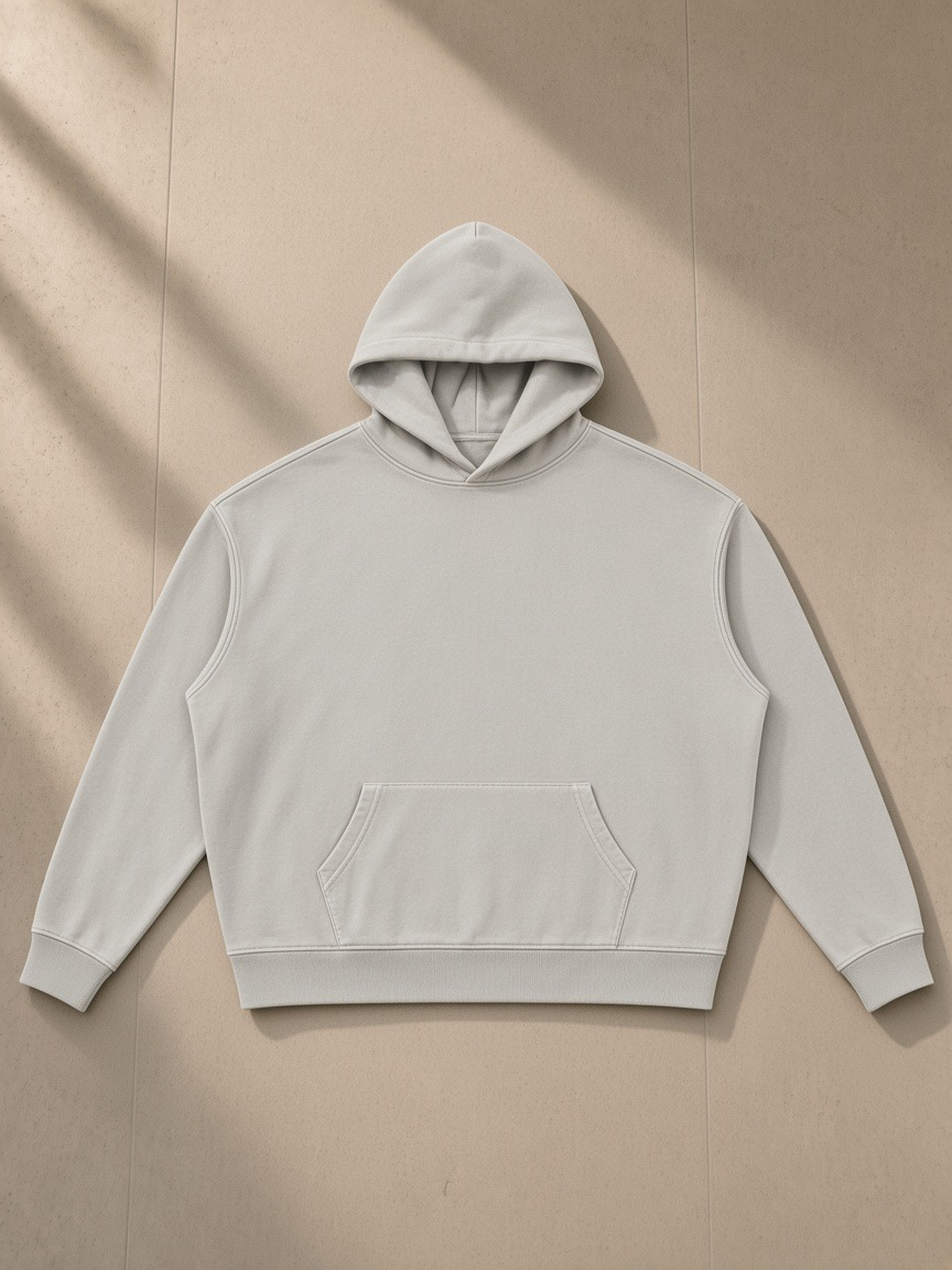 Vintage wash boxy hoodie in Light Gray, laid flat on pale limestone