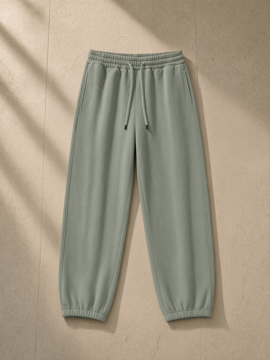 Women's Heavyweight Fleece Joggers in Grayish Green, laid flat on pale limestone