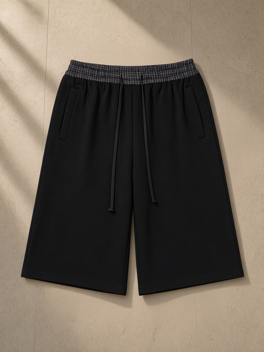 Plaid Waistband Shorts in Black, laid flat on pale limestone