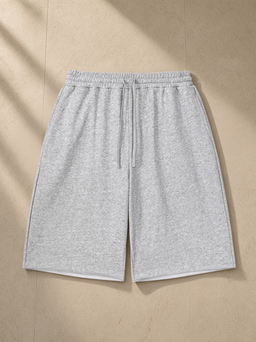 Loose Raw Edge Shorts in Flower Gray, laid flat on pale limestone