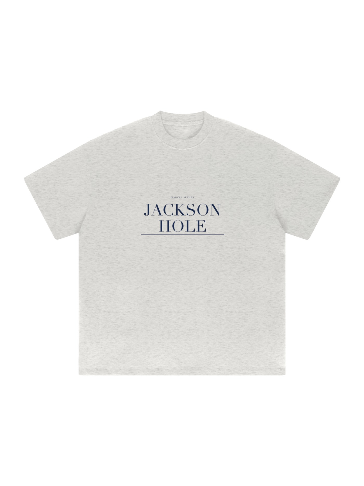 Jackson Hole Heavyweight Drop Shoulder T-Shirt by Marcel Afters in Oat Gray, front view with the printed artwork, on white
